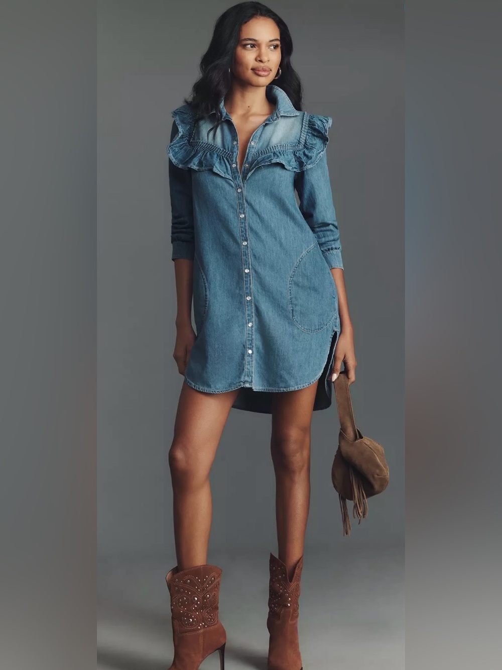 Pilcro Anthropologie Ruffle Blue Denim Shirt Dress
